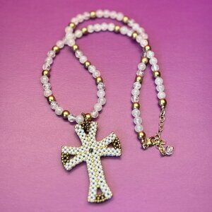 Handmade Beaded Cross Pendant - Beaded Gemstone Necklace - Religious Jewelry